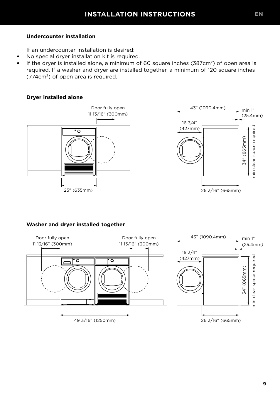 Installation instructions, No special dryer installation kit is required, Of open area is required | Fisher & Paykel 24 Inch Condensing Dryer Install Guide User Manual | Page 11 / 84