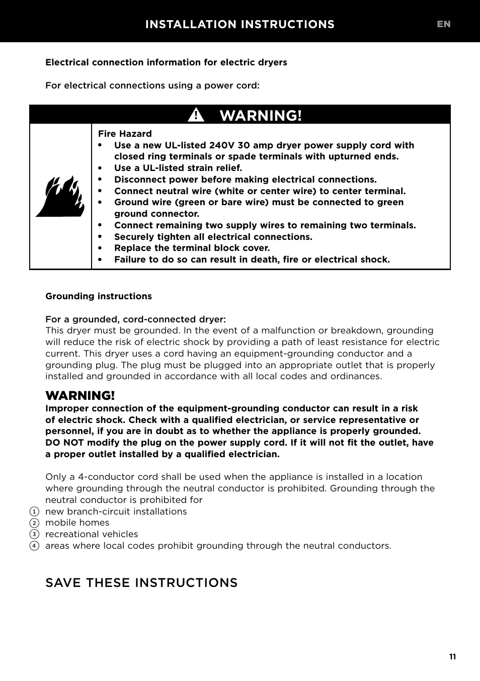 Warning, Save these instructions, Installation instructions | Fisher & Paykel 24 Inch Condensing Dryer Install Guide User Manual | Page 13 / 84