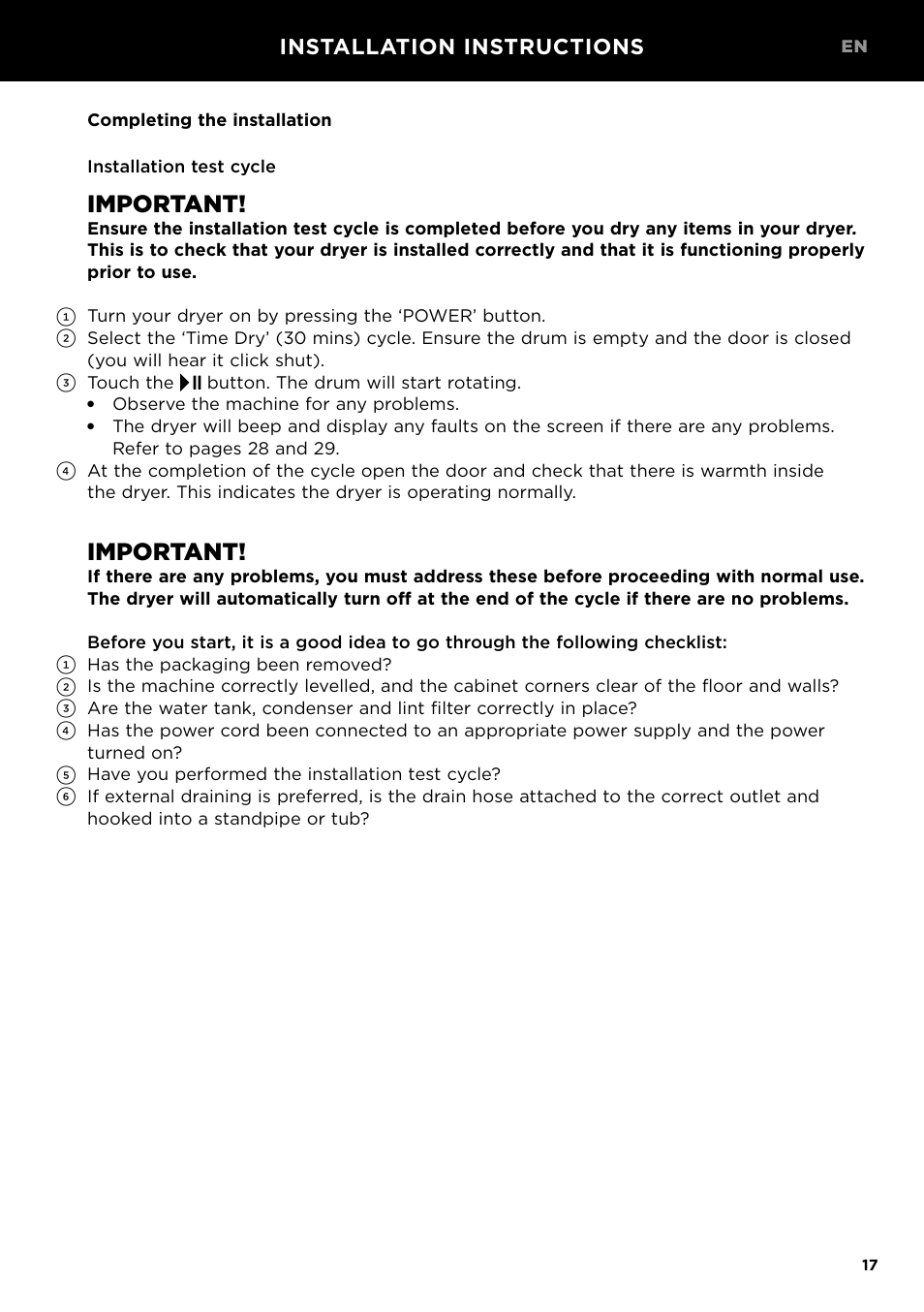 Important, Installation instructions | Fisher & Paykel 24 Inch Condensing Dryer Install Guide User Manual | Page 19 / 84