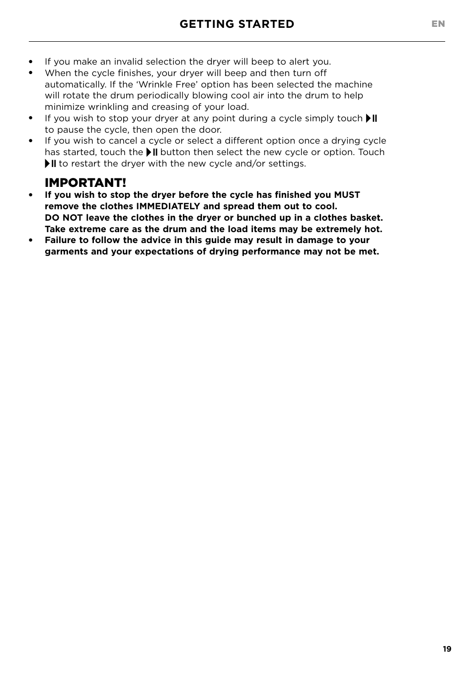 Important, Getting started | Fisher & Paykel 24 Inch Condensing Dryer Install Guide User Manual | Page 21 / 84