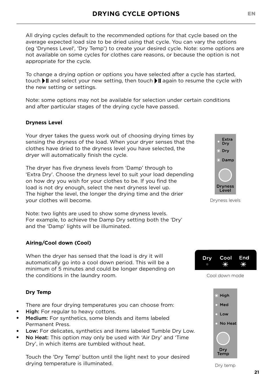 Drying cycle options | Fisher & Paykel 24 Inch Condensing Dryer Install Guide User Manual | Page 23 / 84