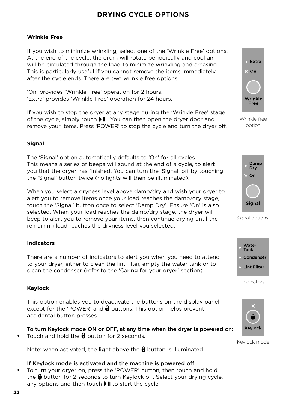 Drying cycle options | Fisher & Paykel 24 Inch Condensing Dryer Install Guide User Manual | Page 24 / 84