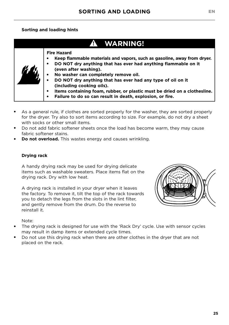 Warning, Sorting and loading, Sorting and loading hints | Fire hazard, No washer can completely remove oil | Fisher & Paykel 24 Inch Condensing Dryer Install Guide User Manual | Page 27 / 84