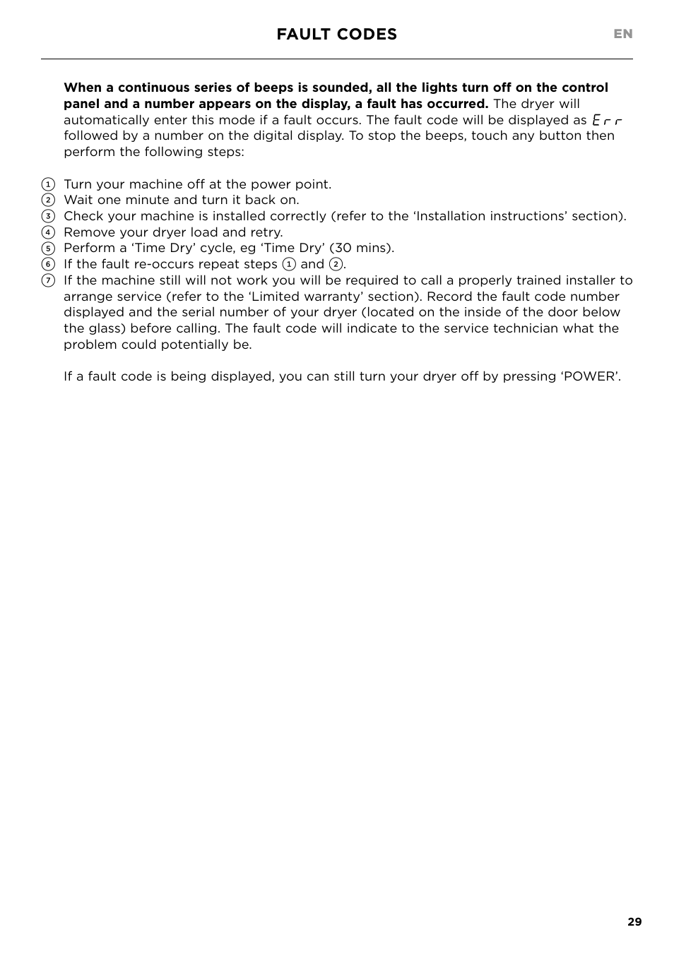 Fault codes | Fisher & Paykel 24 Inch Condensing Dryer Install Guide User Manual | Page 31 / 84