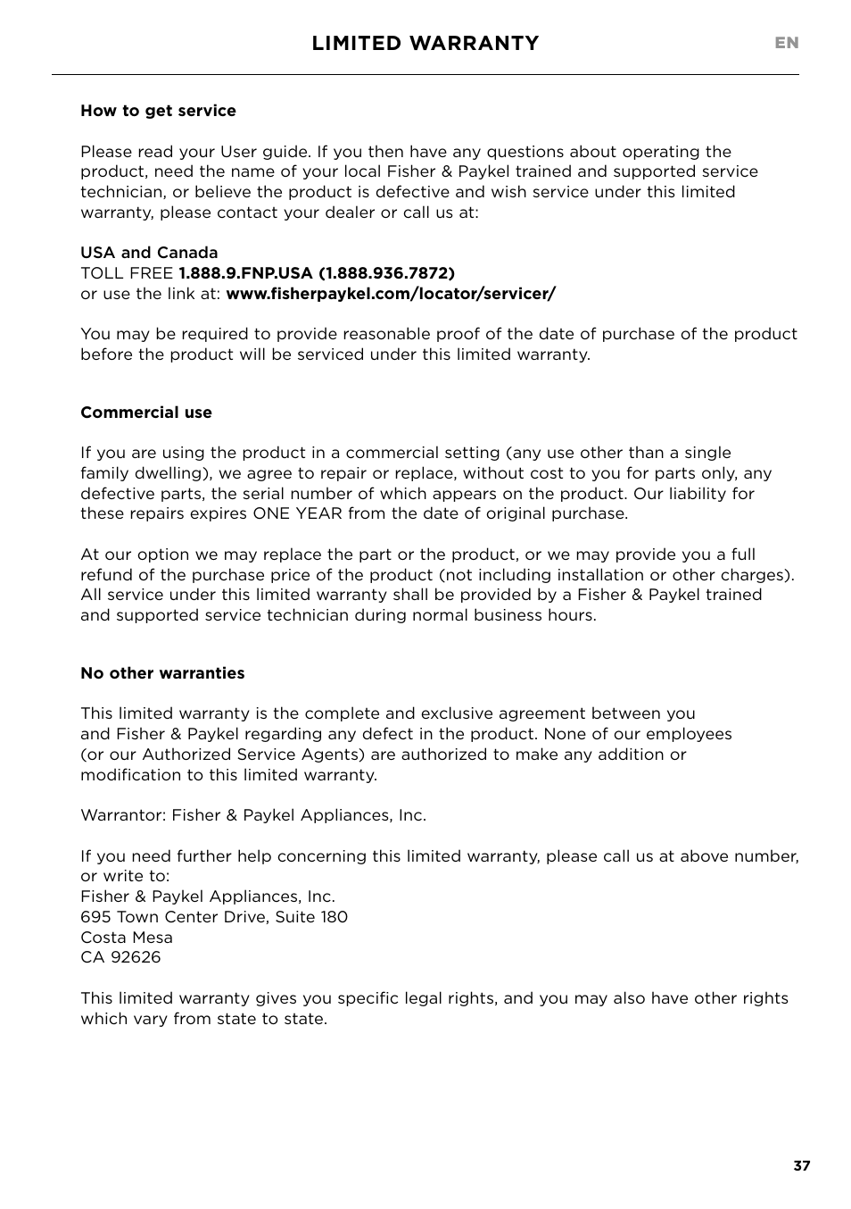 Limited warranty | Fisher & Paykel 24 Inch Condensing Dryer Install Guide User Manual | Page 39 / 84