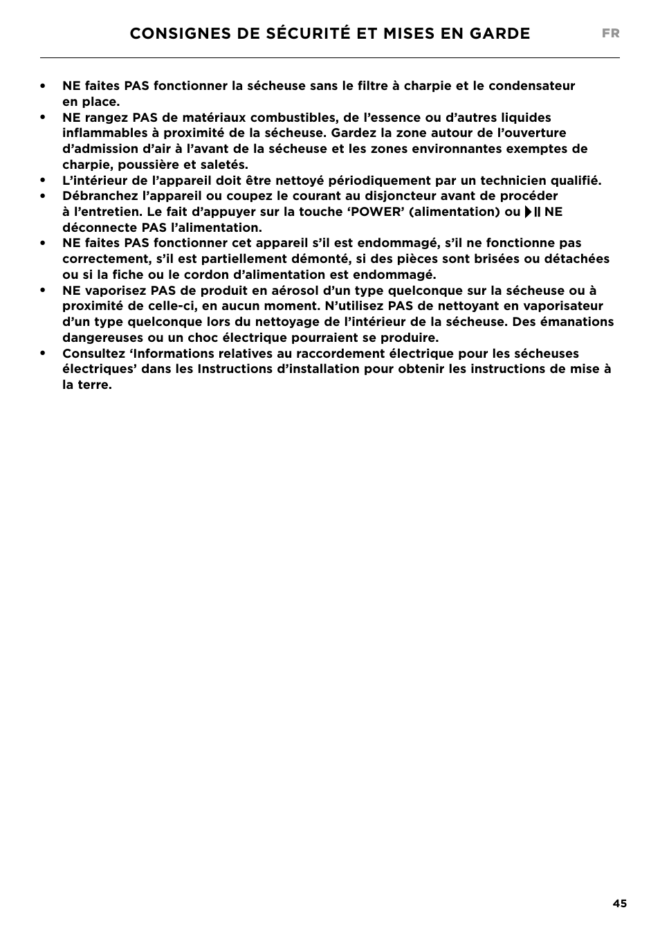 Consignes de sécurité et mises en garde | Fisher & Paykel 24 Inch Condensing Dryer Install Guide User Manual | Page 47 / 84