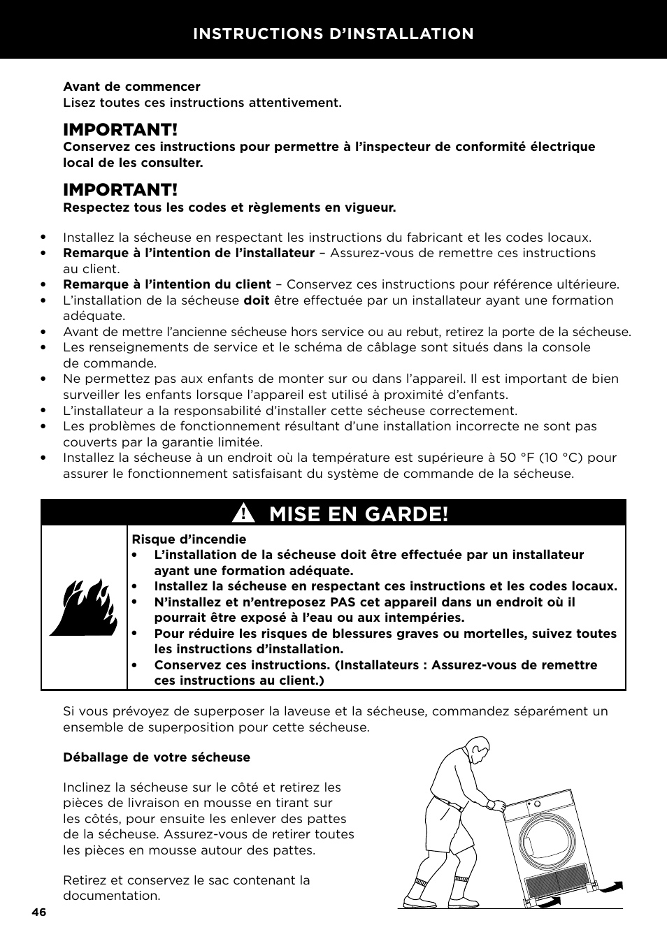 Instructions d’installation, Mise en garde, Important | Fisher & Paykel 24 Inch Condensing Dryer Install Guide User Manual | Page 48 / 84