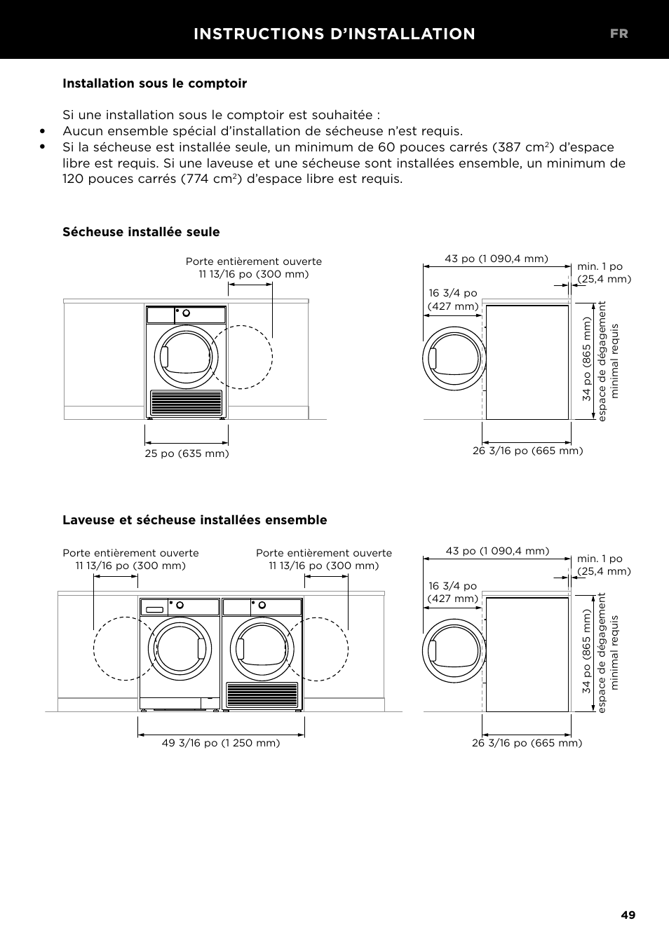 Instructions d’installation, D’espace libre est requis | Fisher & Paykel 24 Inch Condensing Dryer Install Guide User Manual | Page 51 / 84
