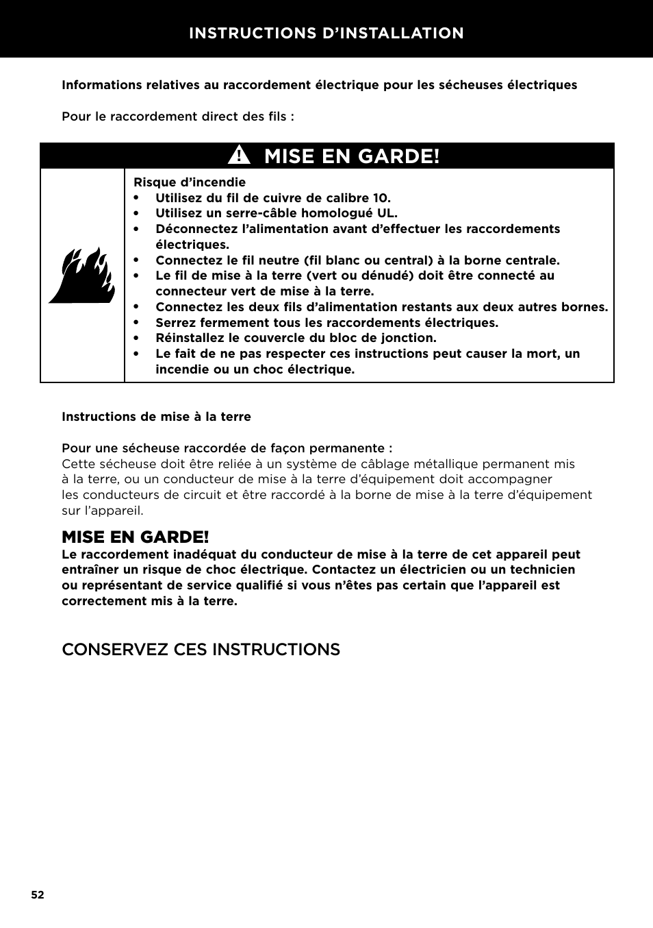 Mise en garde, Conservez ces instructions, Title to go here | Instructions d’installation | Fisher & Paykel 24 Inch Condensing Dryer Install Guide User Manual | Page 54 / 84
