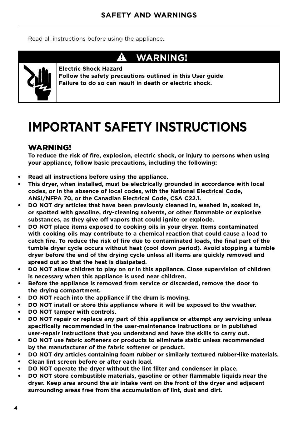 Safety and warnings, Important safety instructions, Warning | Read all instructions before using the appliance, Do not tamper with controls, Clean lint screen before or after each load | Fisher & Paykel 24 Inch Condensing Dryer Install Guide User Manual | Page 6 / 84
