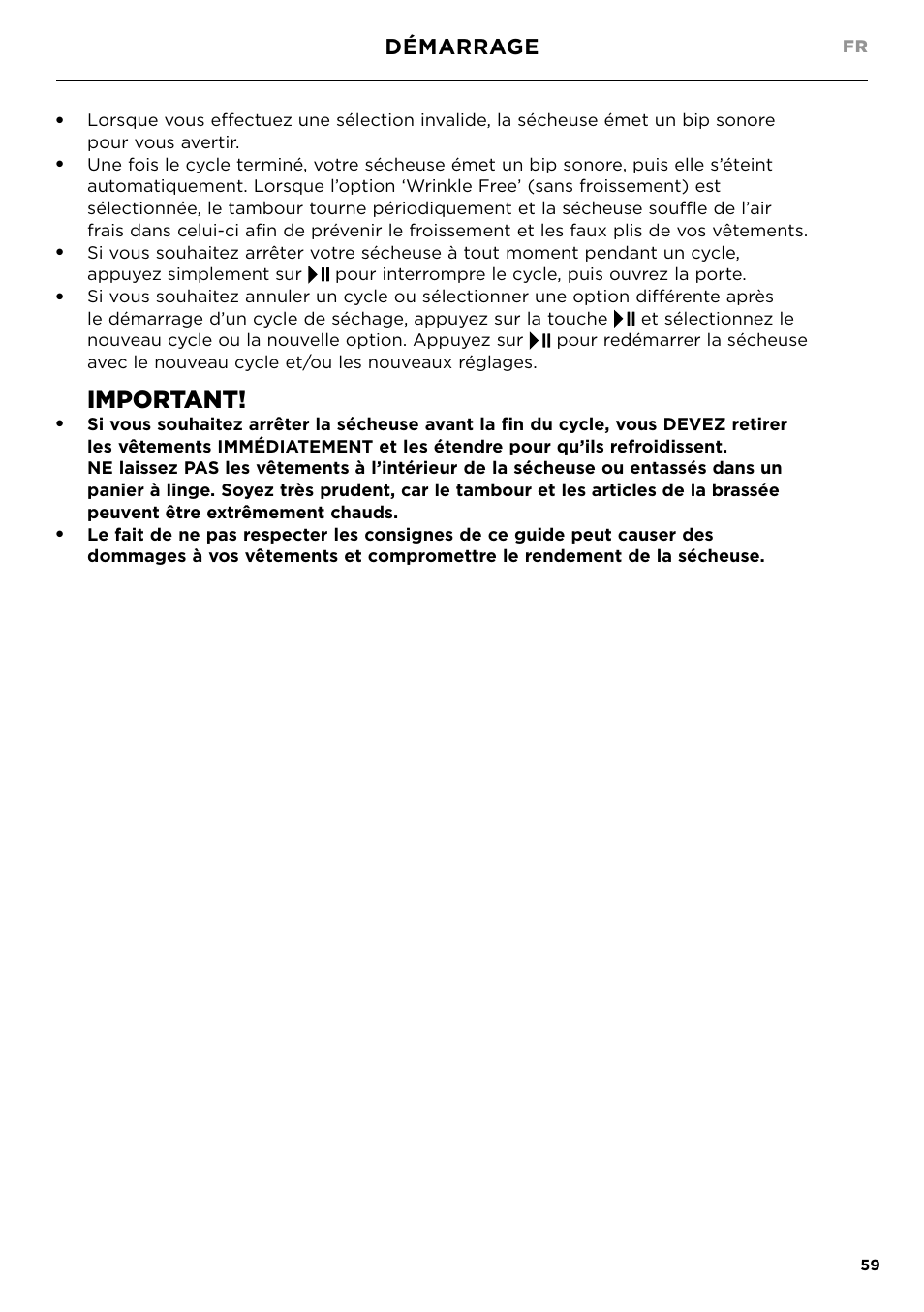Important, Démarrage | Fisher & Paykel 24 Inch Condensing Dryer Install Guide User Manual | Page 61 / 84