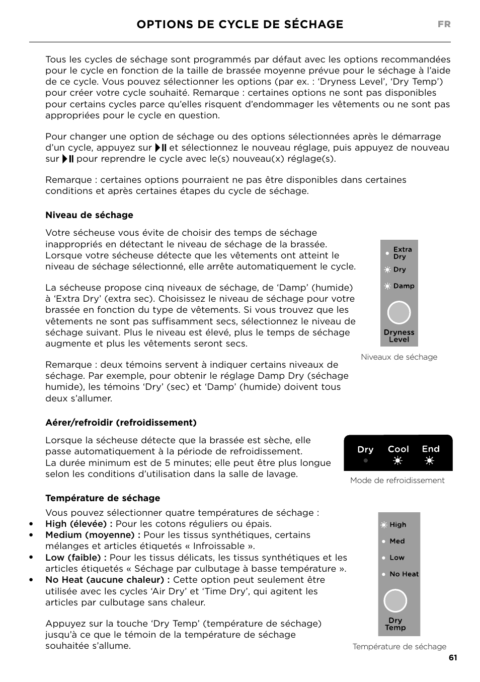 Options de cycle de séchage | Fisher & Paykel 24 Inch Condensing Dryer Install Guide User Manual | Page 63 / 84