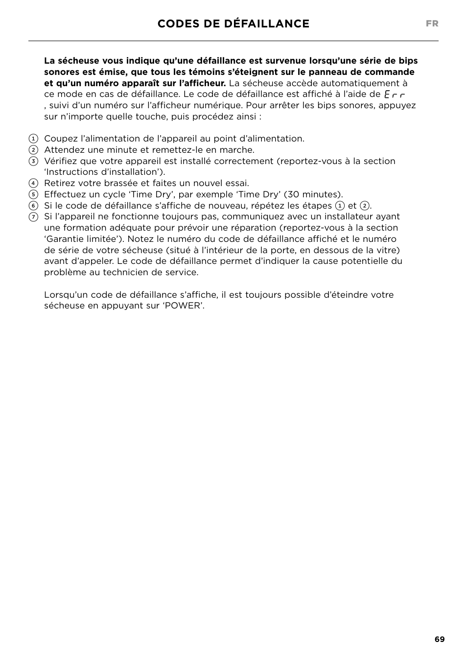 Codes de défaillance | Fisher & Paykel 24 Inch Condensing Dryer Install Guide User Manual | Page 71 / 84