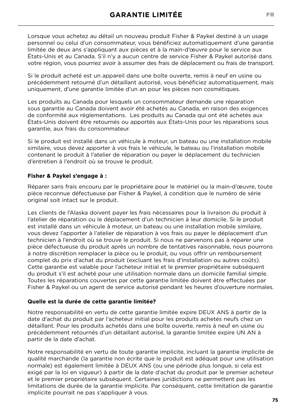 Garantie limitée | Fisher & Paykel 24 Inch Condensing Dryer Install Guide User Manual | Page 77 / 84