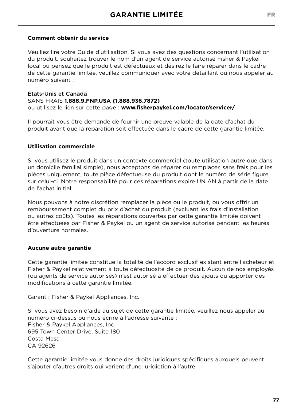 Garantie limitée | Fisher & Paykel 24 Inch Condensing Dryer Install Guide User Manual | Page 79 / 84