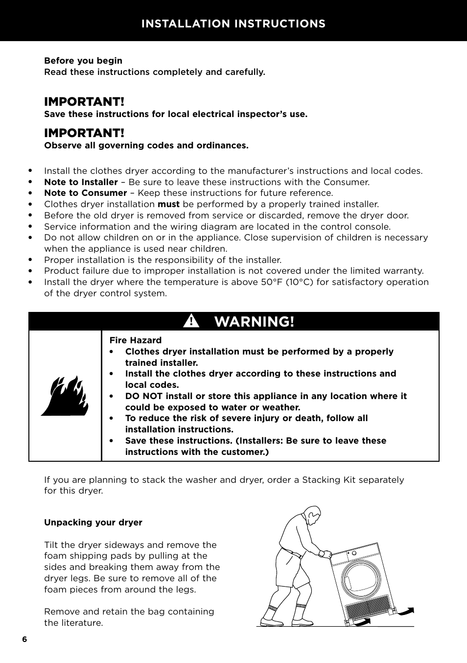 Installation instructions, Warning, Important | Observe all governing codes and ordinances, Fire hazard | Fisher & Paykel 24 Inch Condensing Dryer Install Guide User Manual | Page 8 / 84