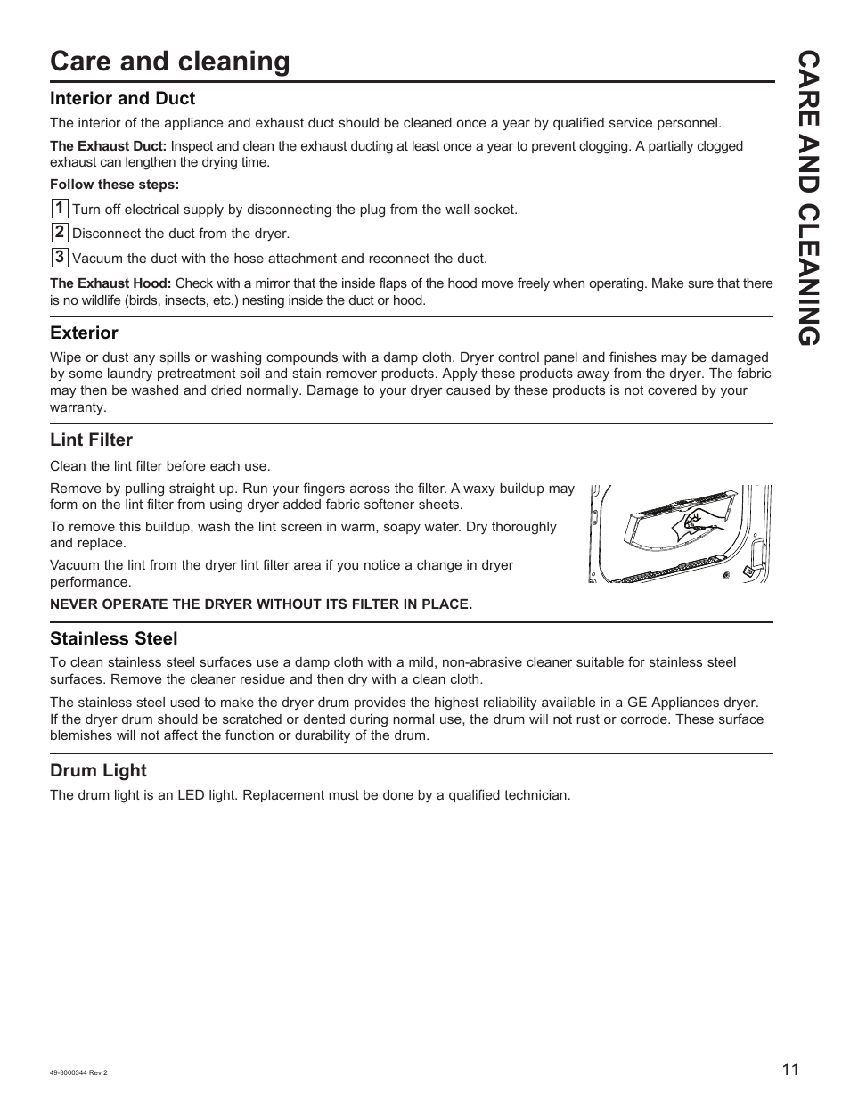 Care and cleaning care and cleaning | GE 27 Inch Electric Dryer Owners Guide User Manual | Page 11 / 32