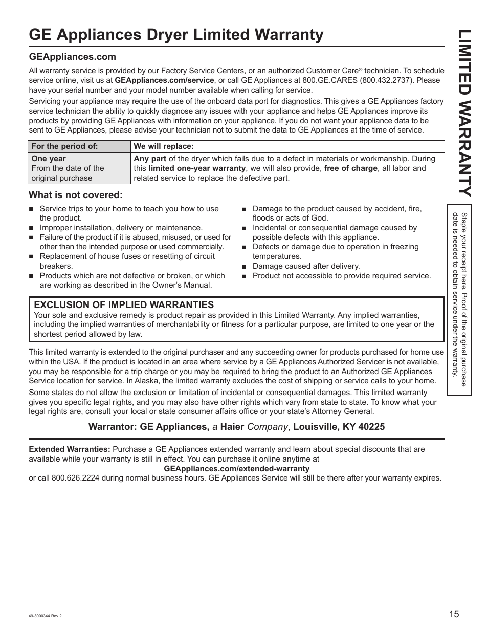 Limited w arranty, Ge appliances dryer limited warranty | GE 27 Inch Electric Dryer Owners Guide User Manual | Page 15 / 32