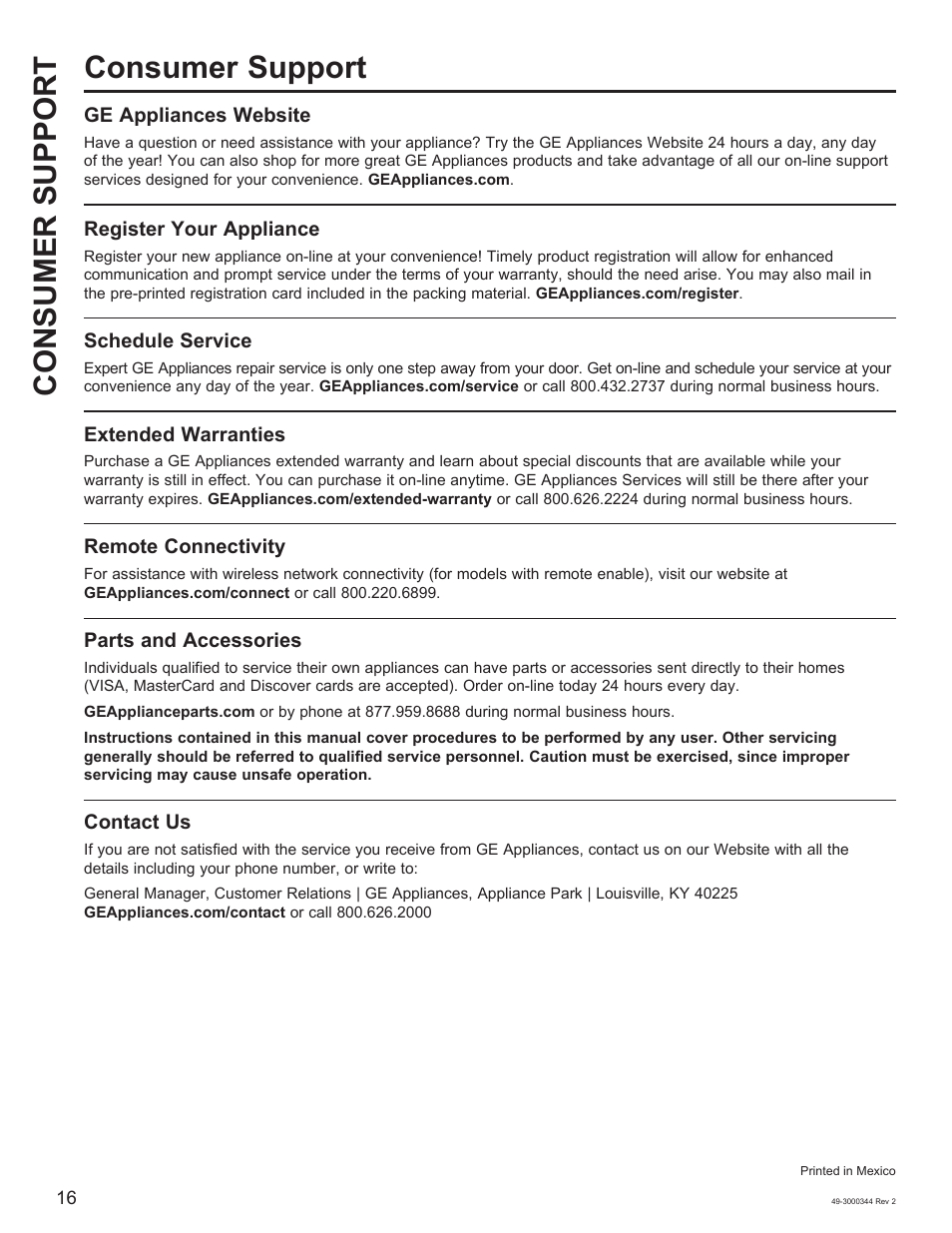 Consumer support consumer support | GE 27 Inch Electric Dryer Owners Guide User Manual | Page 16 / 32