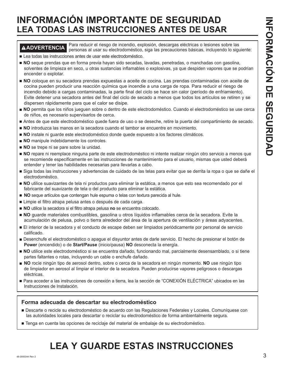 Información de seguridad, Lea todas las instrucciones antes de usar | GE 27 Inch Electric Dryer Owners Guide User Manual | Page 19 / 32