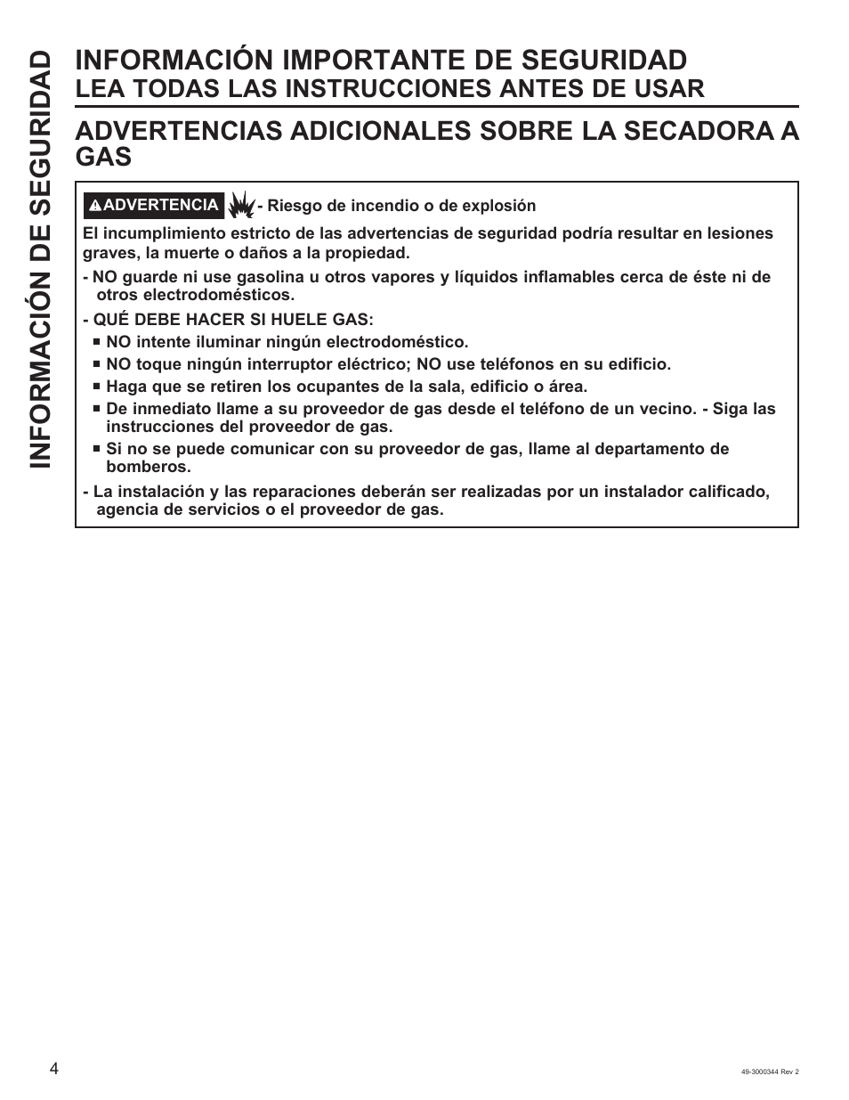 Advertencias adicionales sobre la secadora a gas, Lea todas las instrucciones antes de usar | GE 27 Inch Electric Dryer Owners Guide User Manual | Page 20 / 32