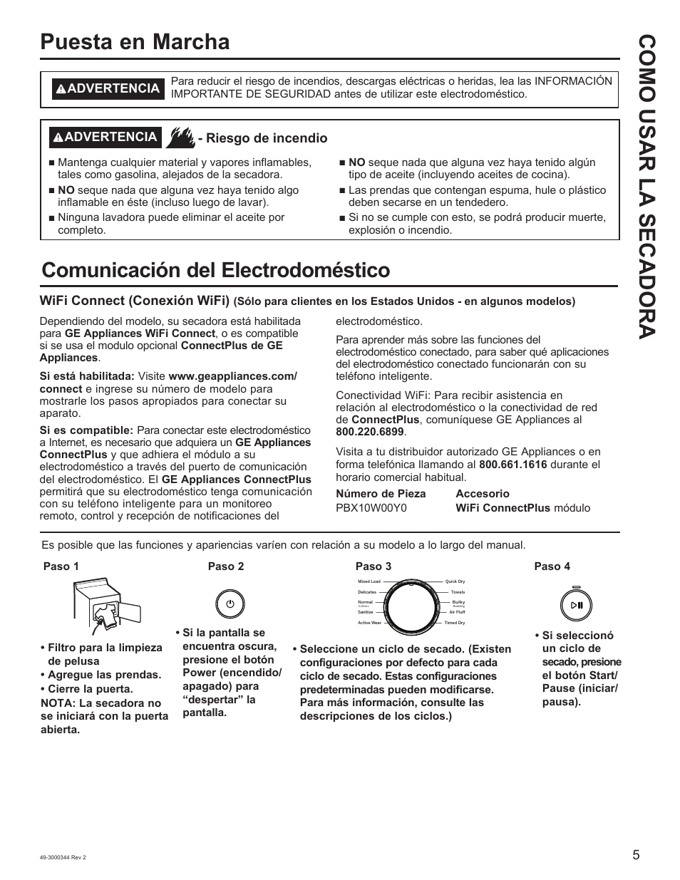 Puesta en marcha como usar la secadora, Comunicación del electrodoméstico, Wifi connect (conexión wifi) | Riesgo de incendio | GE 27 Inch Electric Dryer Owners Guide User Manual | Page 21 / 32