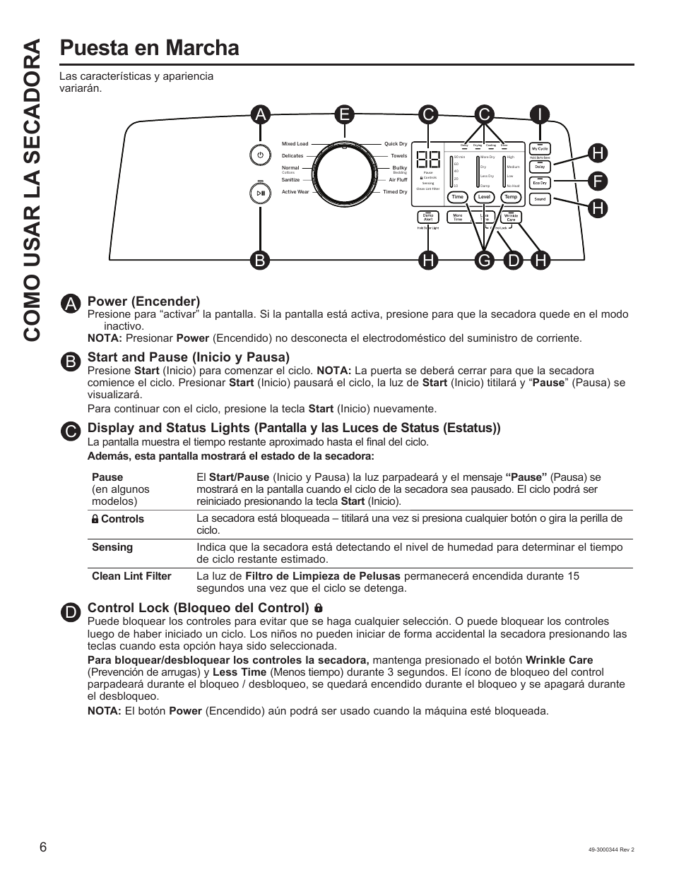 Puesta en marcha como usar la secadora, Bc d, Power (encender) | Start and pause (inicio y pausa), Control lock (bloqueo del control) | GE 27 Inch Electric Dryer Owners Guide User Manual | Page 22 / 32