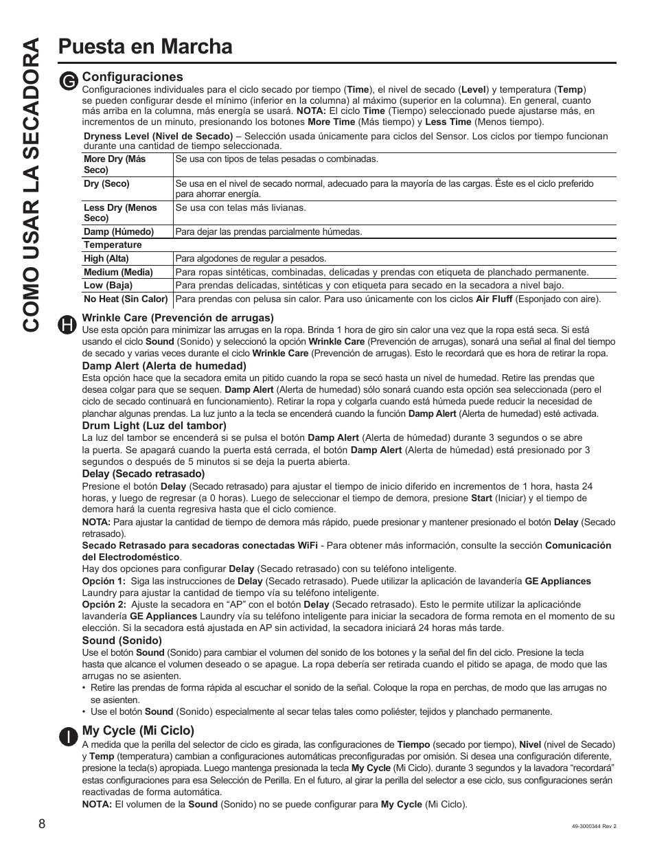 Puesta en marcha como usar la secadora, Hi g | GE 27 Inch Electric Dryer Owners Guide User Manual | Page 24 / 32