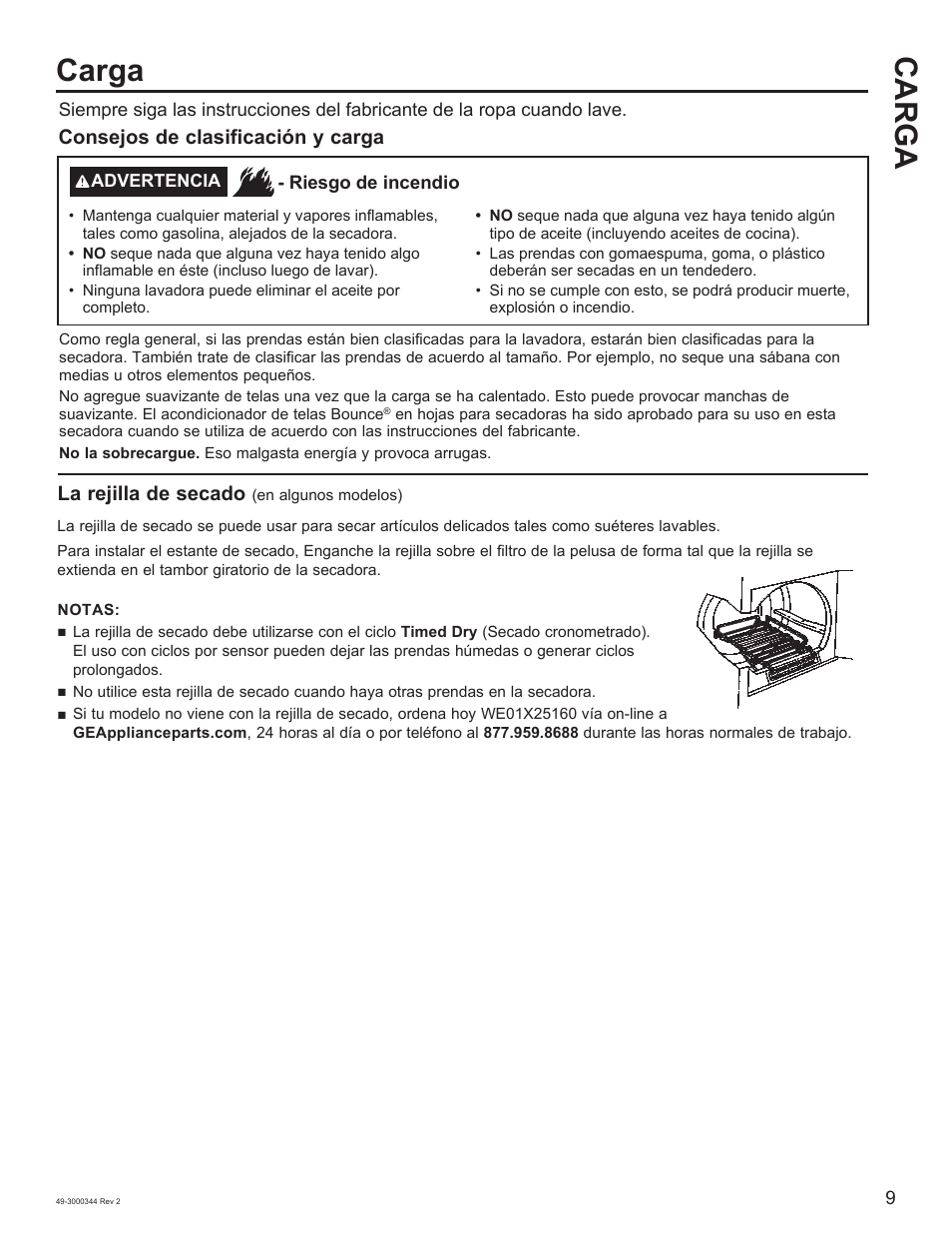 Carga carga, Consejos de clasificación y carga, La rejilla de secado | GE 27 Inch Electric Dryer Owners Guide User Manual | Page 25 / 32