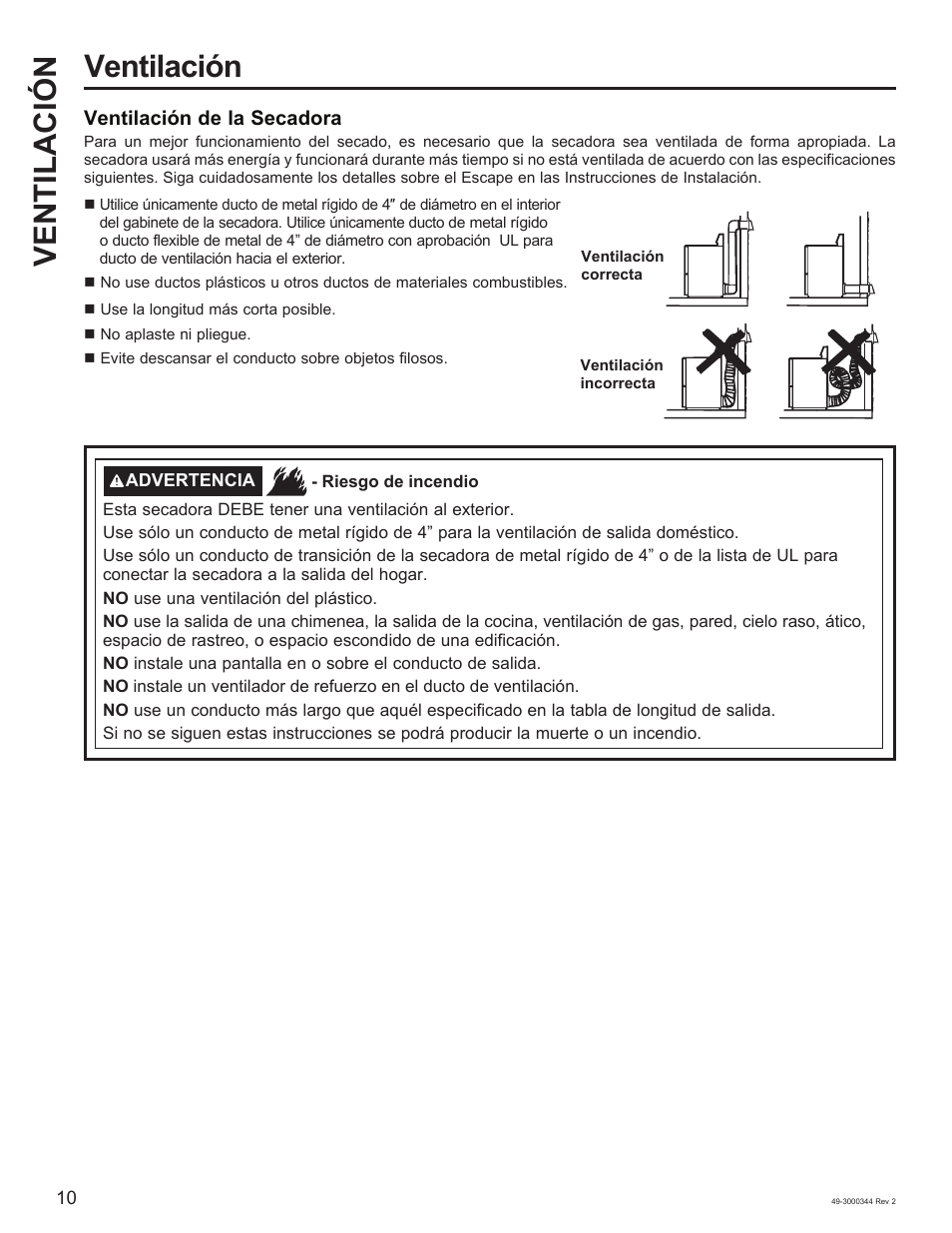 Ventilación ventilación | GE 27 Inch Electric Dryer Owners Guide User Manual | Page 26 / 32