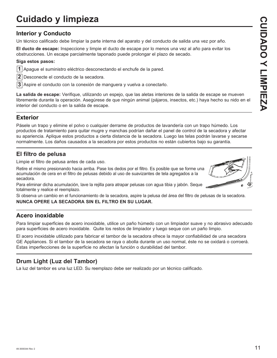 Cuidado y limpieza cuidado y limpieza | GE 27 Inch Electric Dryer Owners Guide User Manual | Page 27 / 32