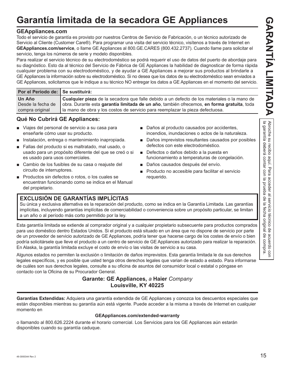 Garantía limit ada, Garantía limitada de la secadora ge appliances | GE 27 Inch Electric Dryer Owners Guide User Manual | Page 31 / 32