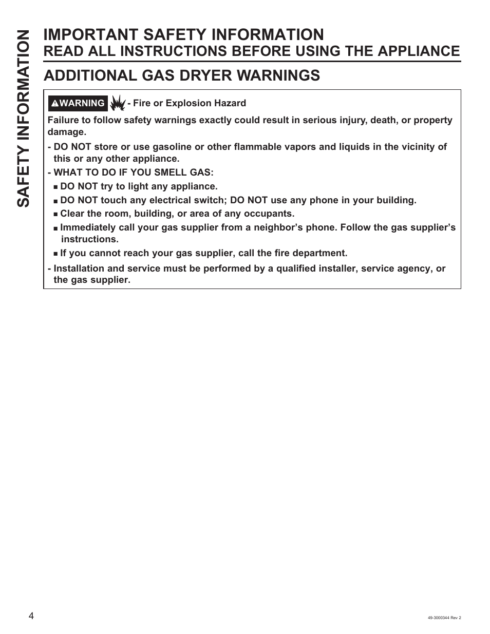 Safety informa t ion important safety information, Additional gas dryer warnings, Read all instructions before using the appliance | GE 27 Inch Electric Dryer Owners Guide User Manual | Page 4 / 32