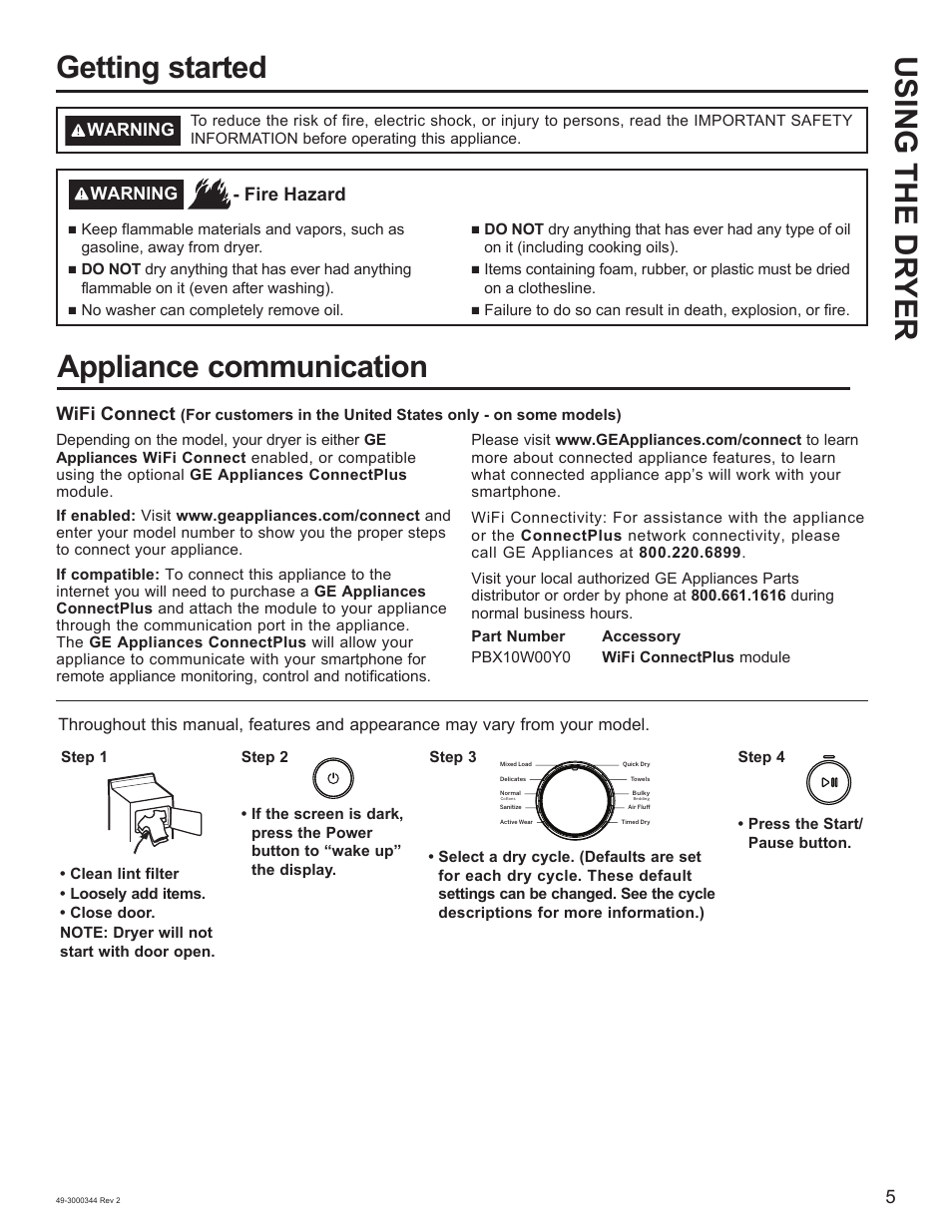 Using the dr yer getting started, Appliance communication, Wifi connect | Fire hazard | GE 27 Inch Electric Dryer Owners Guide User Manual | Page 5 / 32