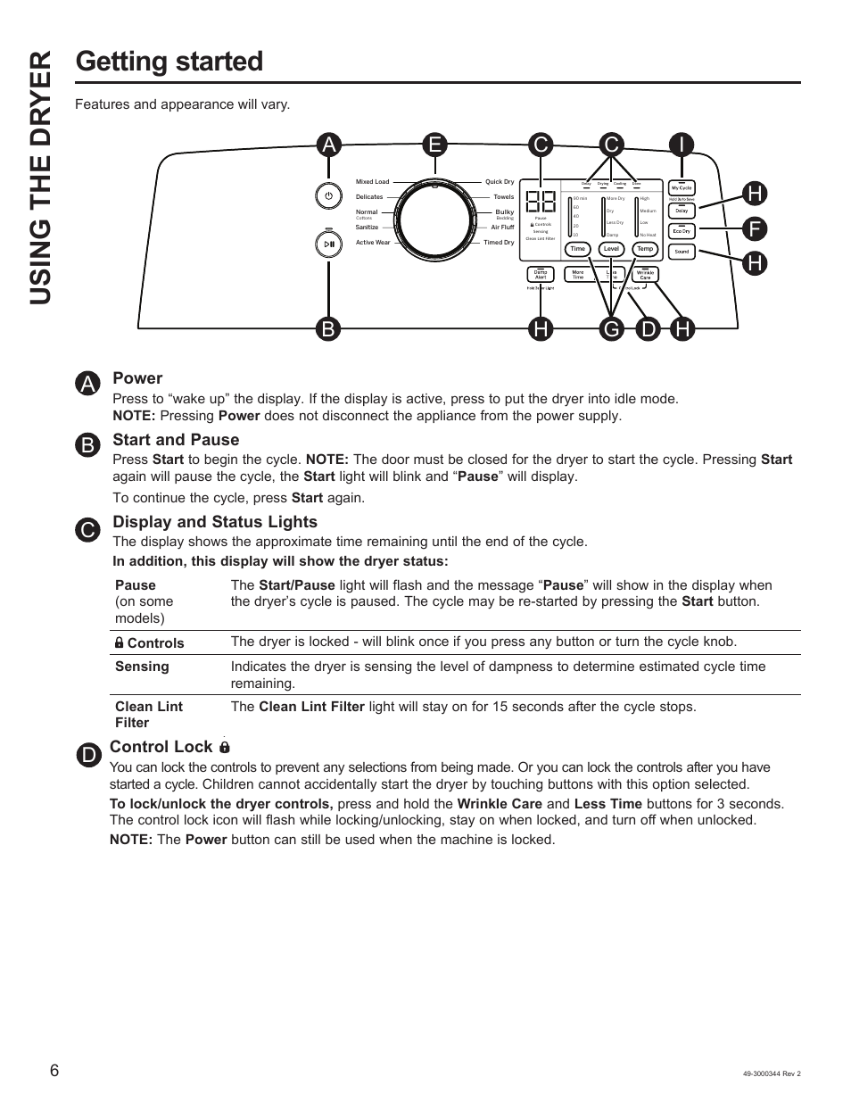 Getting started using the dr yer, Power, Start and pause | Display and status lights, Control lock | GE 27 Inch Electric Dryer Owners Guide User Manual | Page 6 / 32