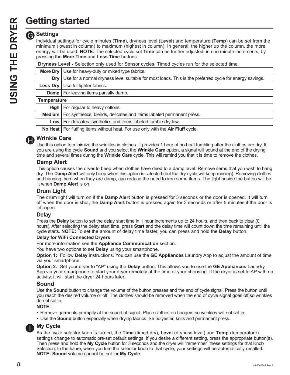 Getting started using the dr yer, Hi g | GE 27 Inch Electric Dryer Owners Guide User Manual | Page 8 / 32