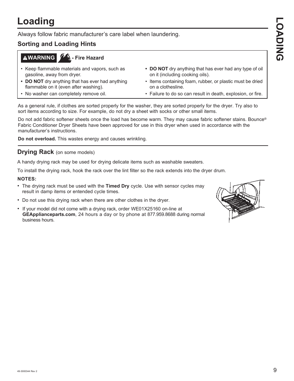 Loading loading, Drying rack, Sorting and loading hints | GE 27 Inch Electric Dryer Owners Guide User Manual | Page 9 / 32