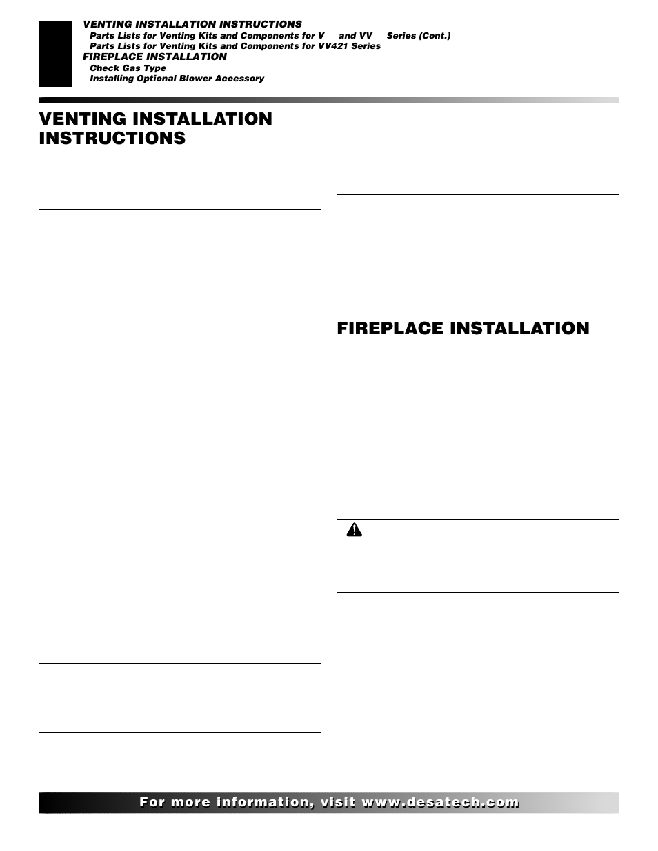 Venting installation instructions, Fireplace installation, Continued | Desa (V)V42ENA(1) User Manual | Page 16 / 38