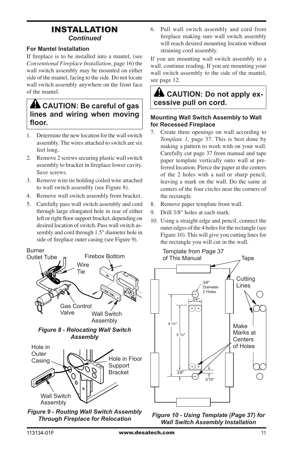 Installation, Caution: do not apply ex- cessive pull on cord | Desa VTGF33NRB User Manual | Page 11 / 40