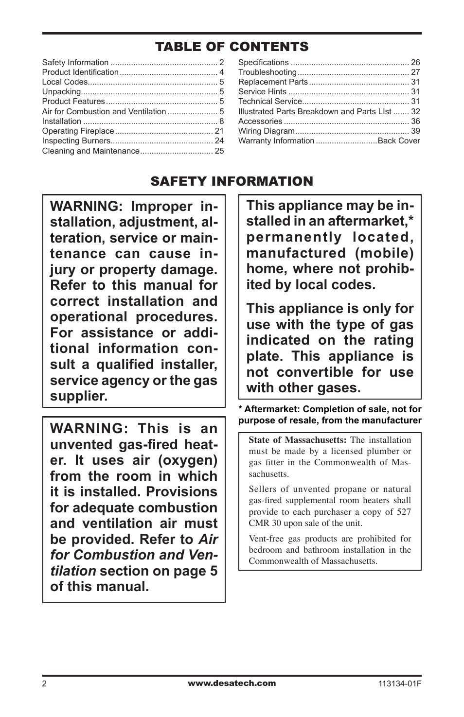 Safety information, Safety information table of contents | Desa VTGF33NRB User Manual | Page 2 / 40