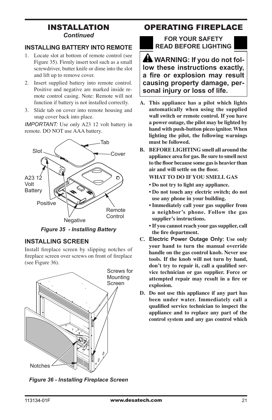 Operating fireplace, Installation | Desa VTGF33NRB User Manual | Page 21 / 40