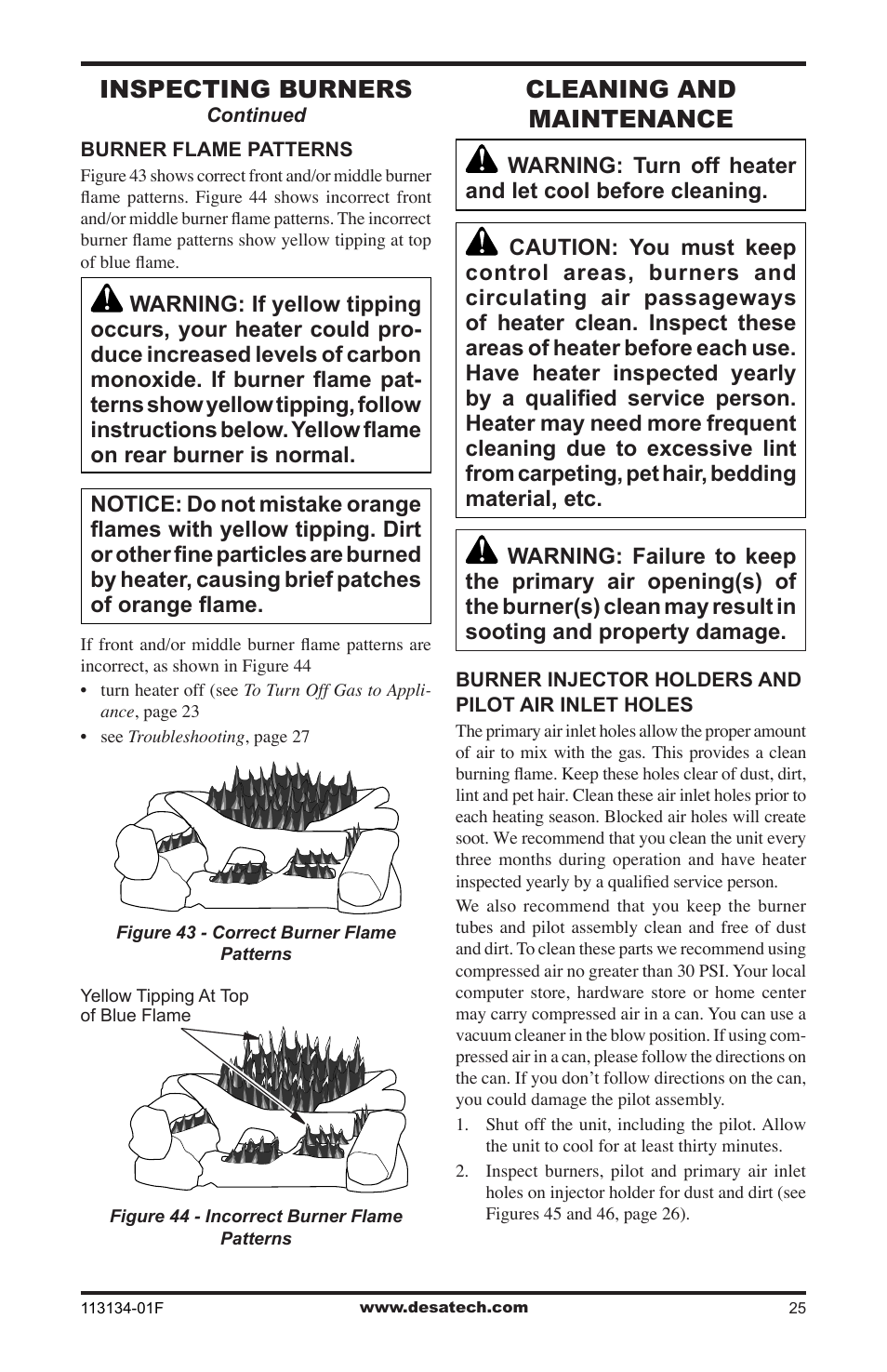 Cleaning and maintenance, Inspecting burners | Desa VTGF33NRB User Manual | Page 25 / 40