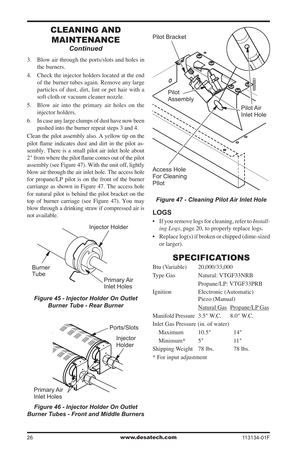 Specifications, Cleaning and maintenance | Desa VTGF33NRB User Manual | Page 26 / 40