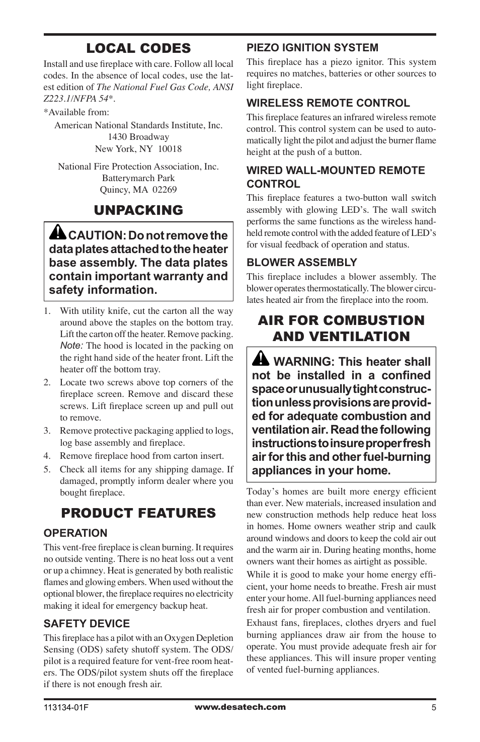 Local codes, Unpacking, Product features | Air for combustion and ventilation | Desa VTGF33NRB User Manual | Page 5 / 40