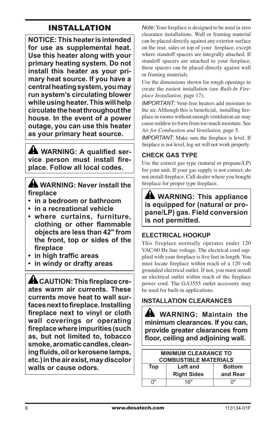 Installation | Desa VTGF33NRB User Manual | Page 8 / 40