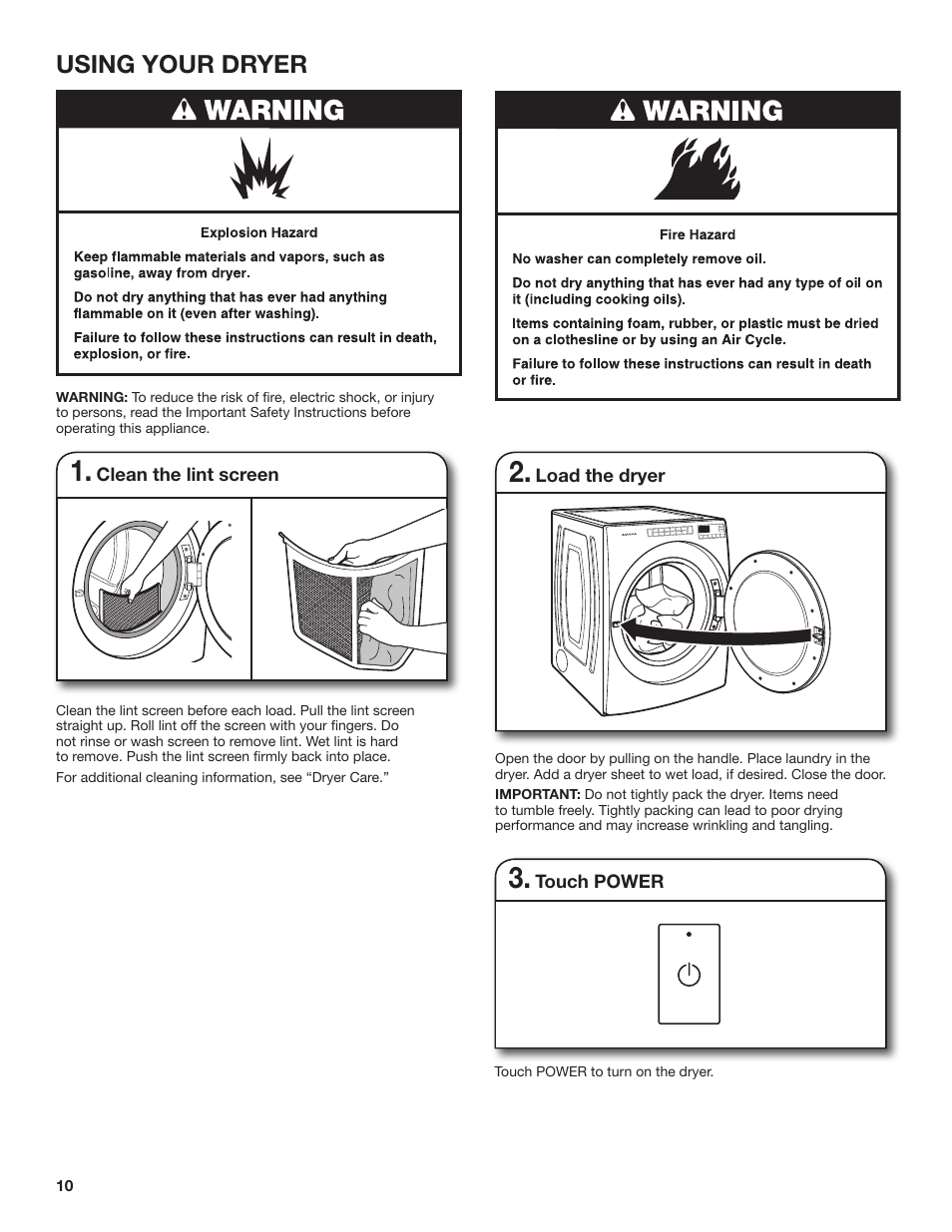 Using your dryer | Amana 27 Inch Front Load Electric Dryer Owner Manual User Manual | Page 10 / 36