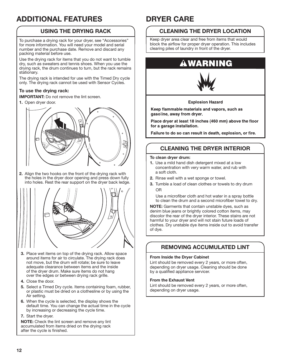 Additional features, Dryer care, Using the drying rack | Cleaning the dryer location, Cleaning the dryer interior, Removing accumulated lint | Amana 27 Inch Front Load Electric Dryer Owner Manual User Manual | Page 12 / 36