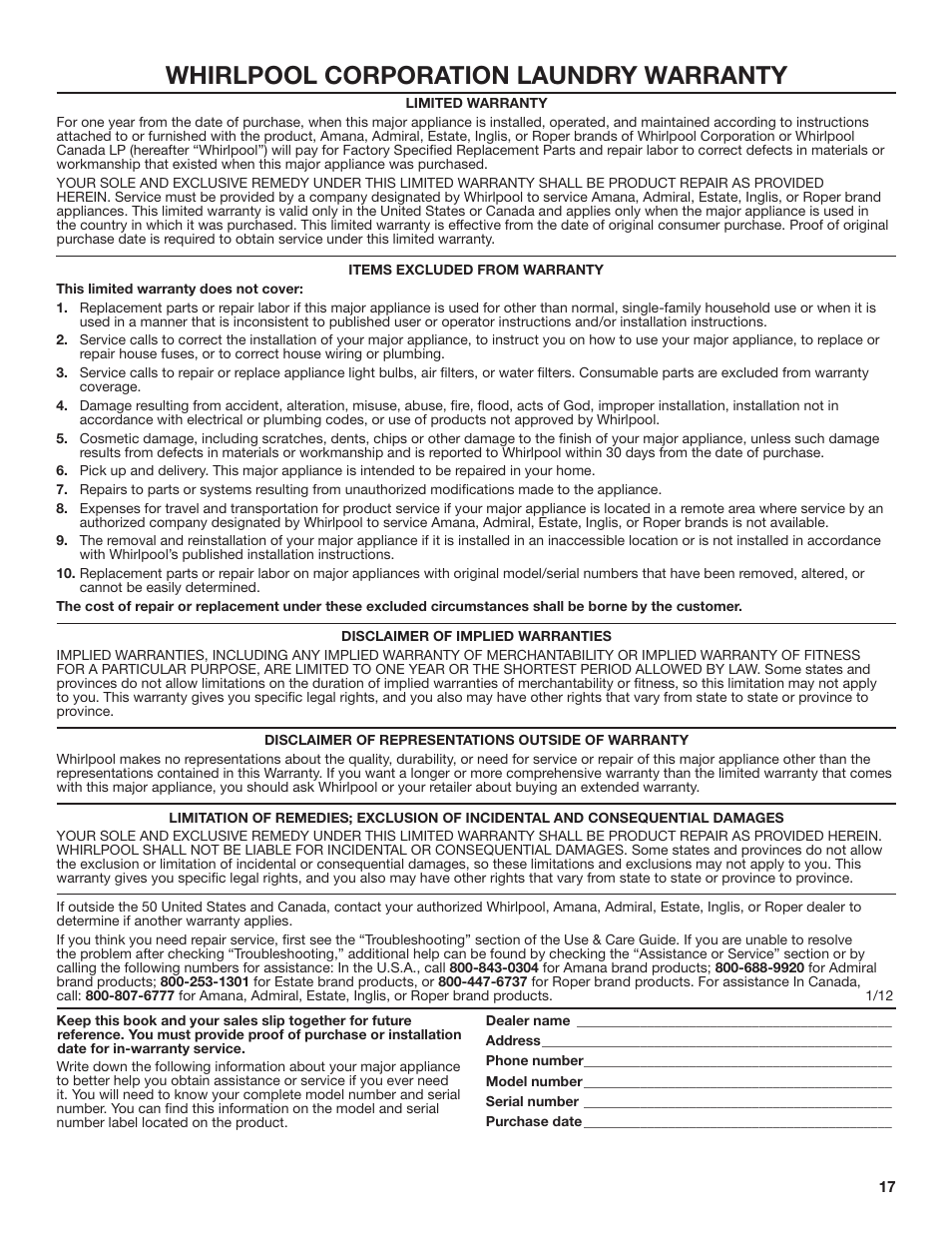 Whirlpool corporation laundry warranty | Amana 27 Inch Front Load Electric Dryer Owner Manual User Manual | Page 17 / 36