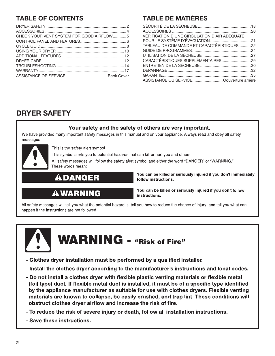 Dryer safety | Amana 27 Inch Front Load Electric Dryer Owner Manual User Manual | Page 2 / 36