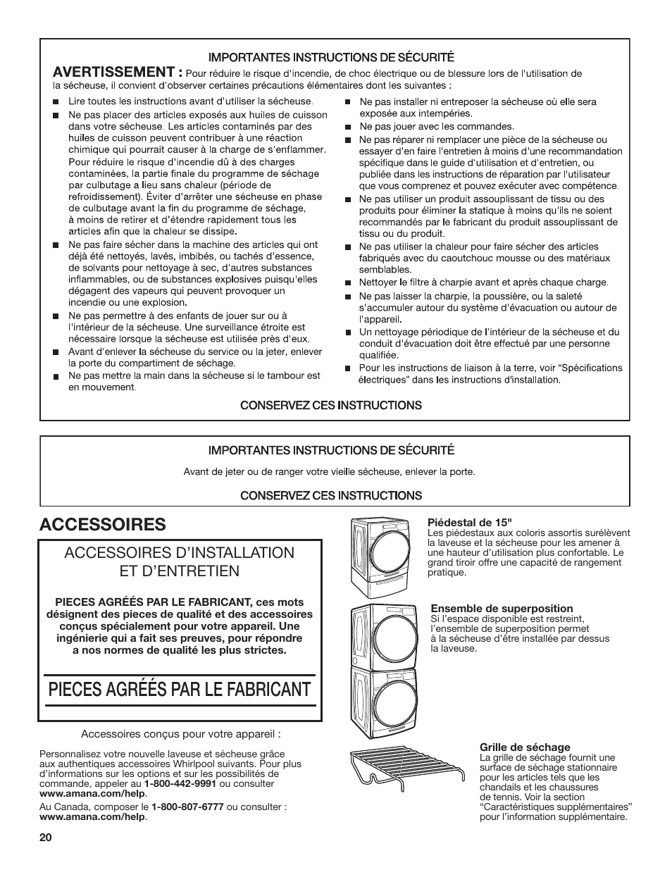 Pieces agréés par le fabricant, Accessoires, Accessoires d’installation et d’entretien | Amana 27 Inch Front Load Electric Dryer Owner Manual User Manual | Page 20 / 36